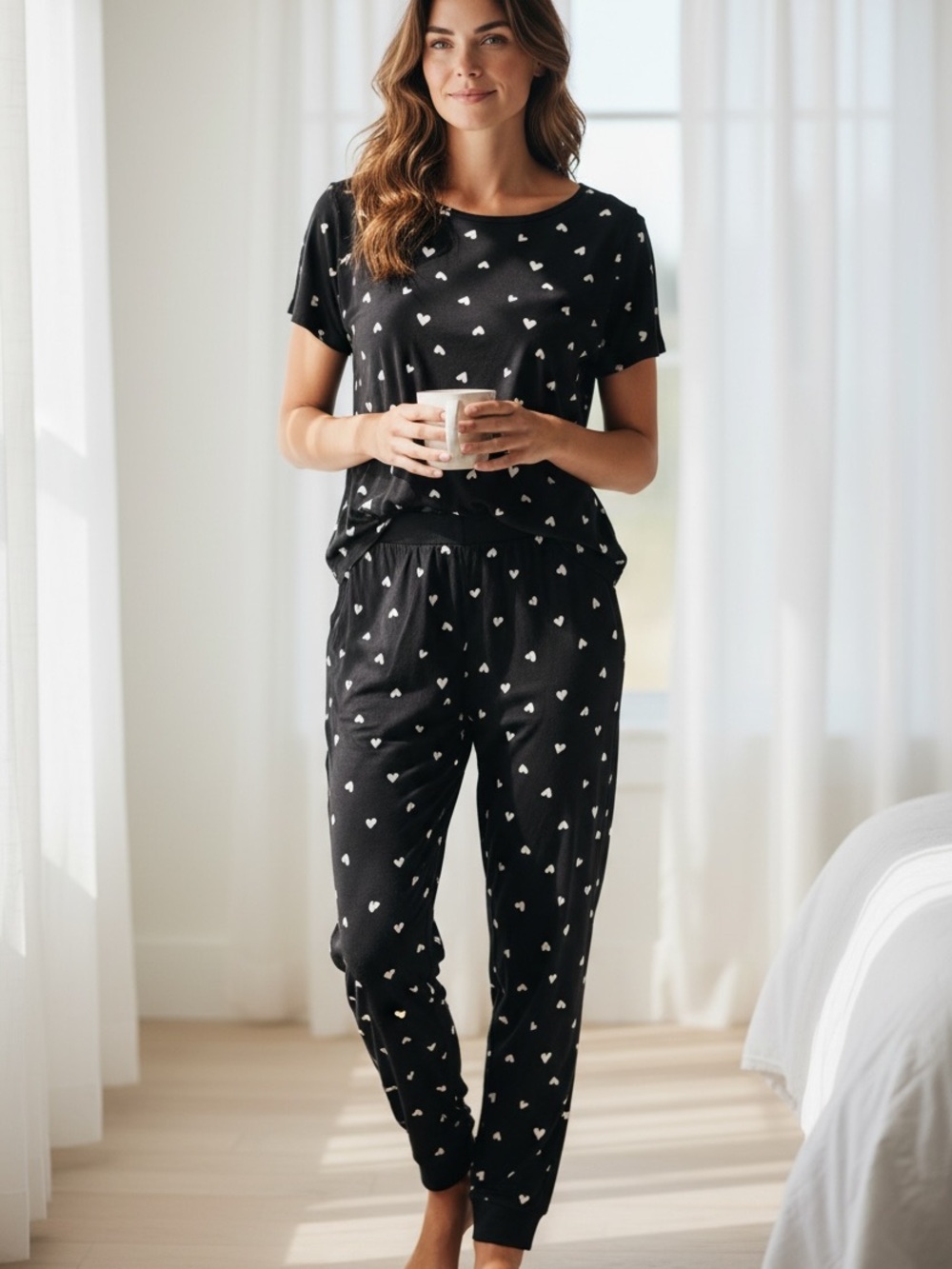 Honeydew USA Black Heart-Print Short-Sleeve Pajama Set